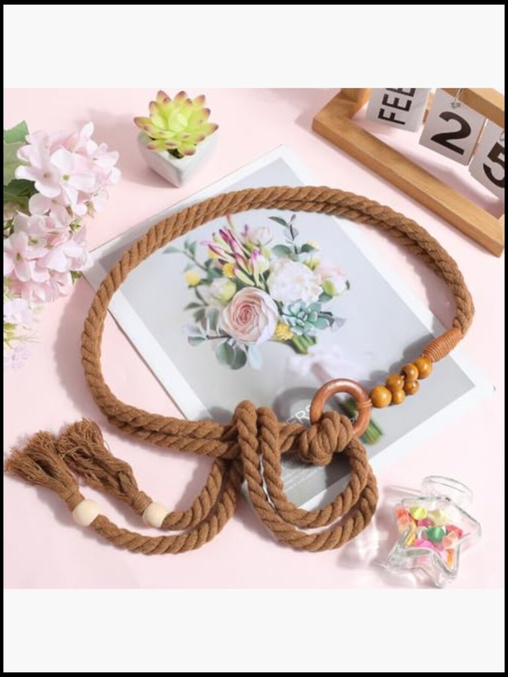 Cotton Bohemian Woven Belt with Tassel Bead Ring Adjustable Waist Wrap - Picture 2 of 6